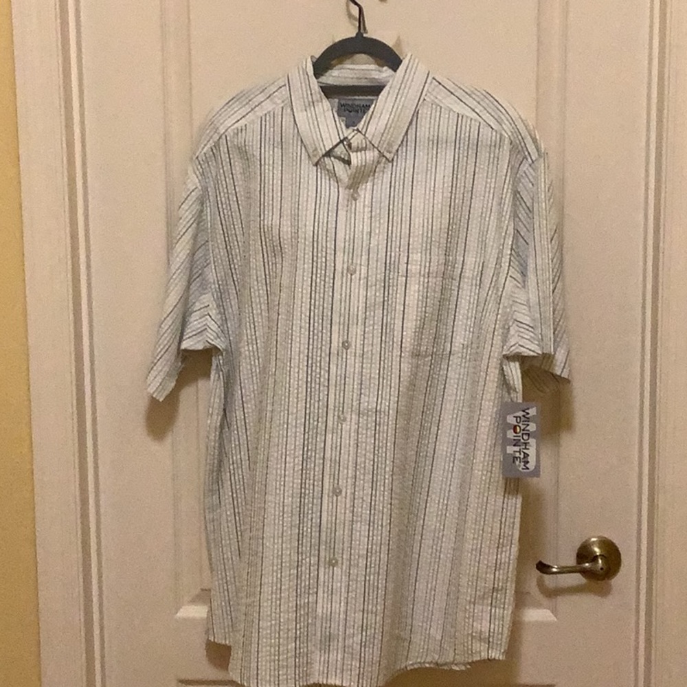 Windham Pointe mens casual, button-down shirt, beige, green, striped XL …